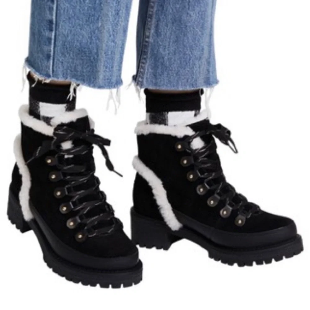 Tory Burch Cooper Suede and Sheep Fur Black Boot Sz8